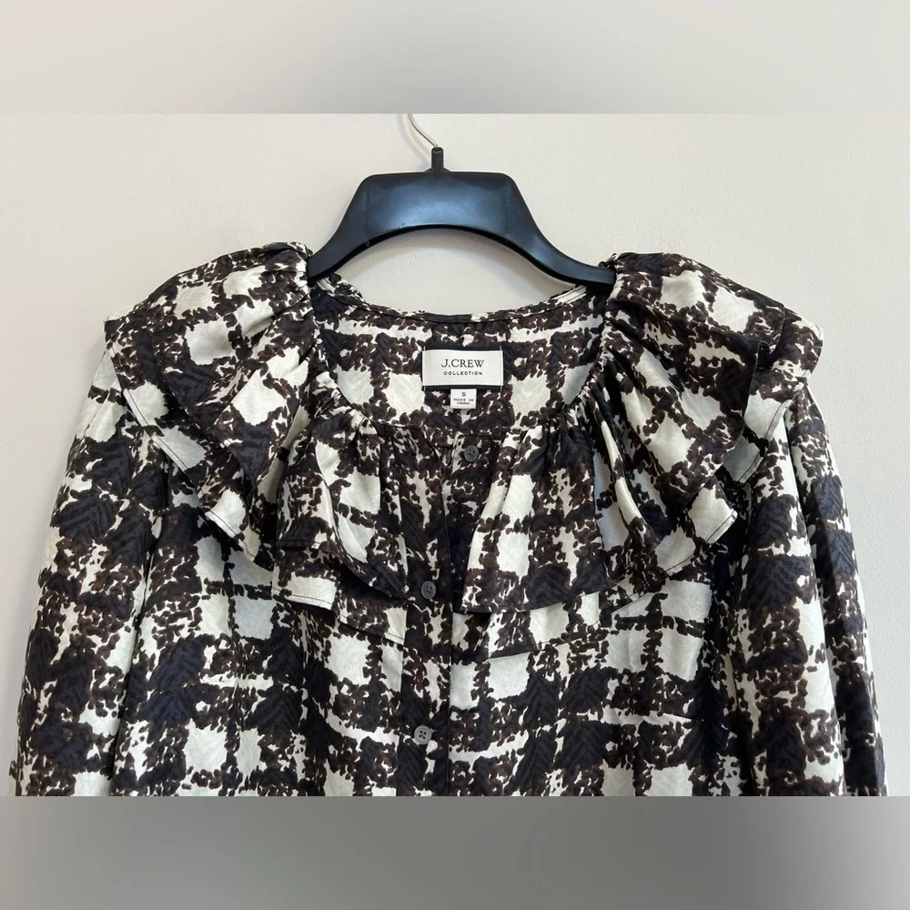 J. Crew Collection Silk Twill Ruffle-Collar Top in Brown Black Ivory Plaid, S